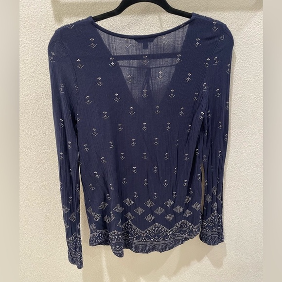 Lucky Brand Navy Blue Boho Hippie Peasant Blouse Tassel Tie Front Small - Picture 10 of 11